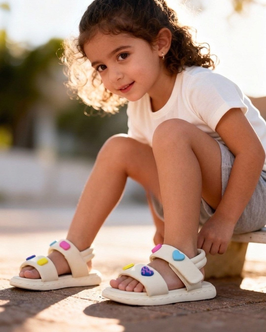 Marco Kids Renkli Kalp Detaylı Yumuşak Tabanlı Yazlık Çocuk Krem Sandalet