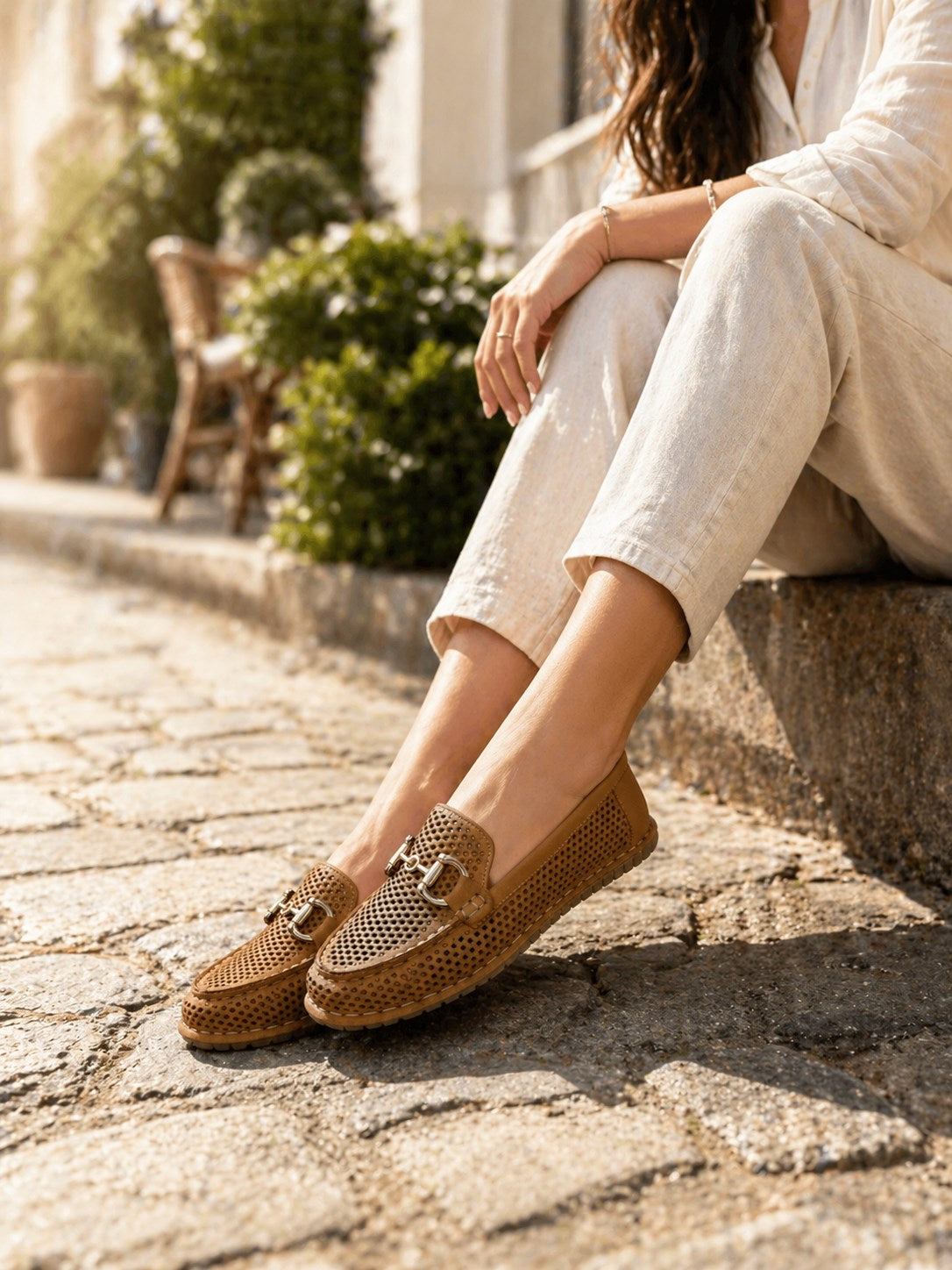 Hakiki Deri Lazer Kesim Kadın Taba Loafer