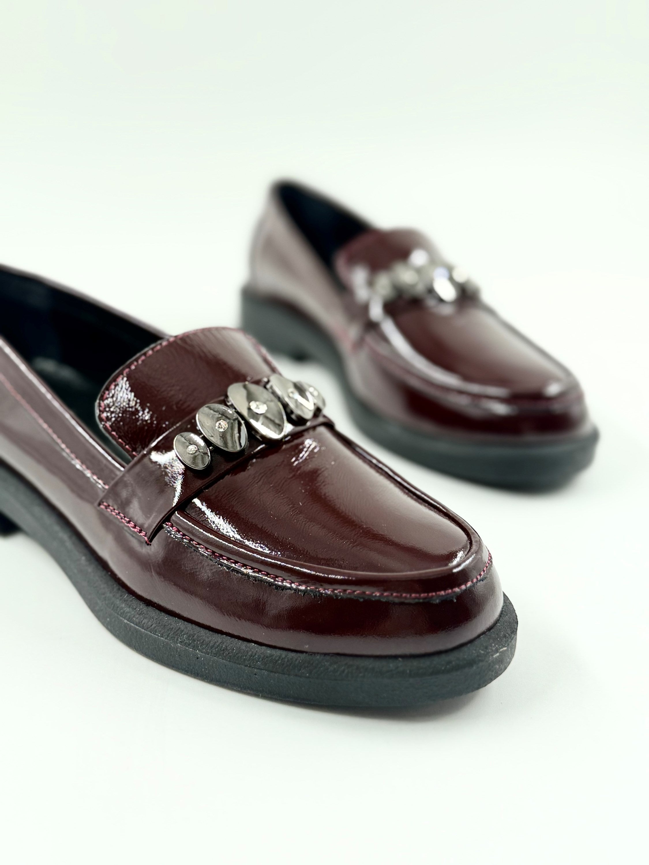 Bordo Hakiki Rugan Deri Taşlı Loafer Ayakkabı