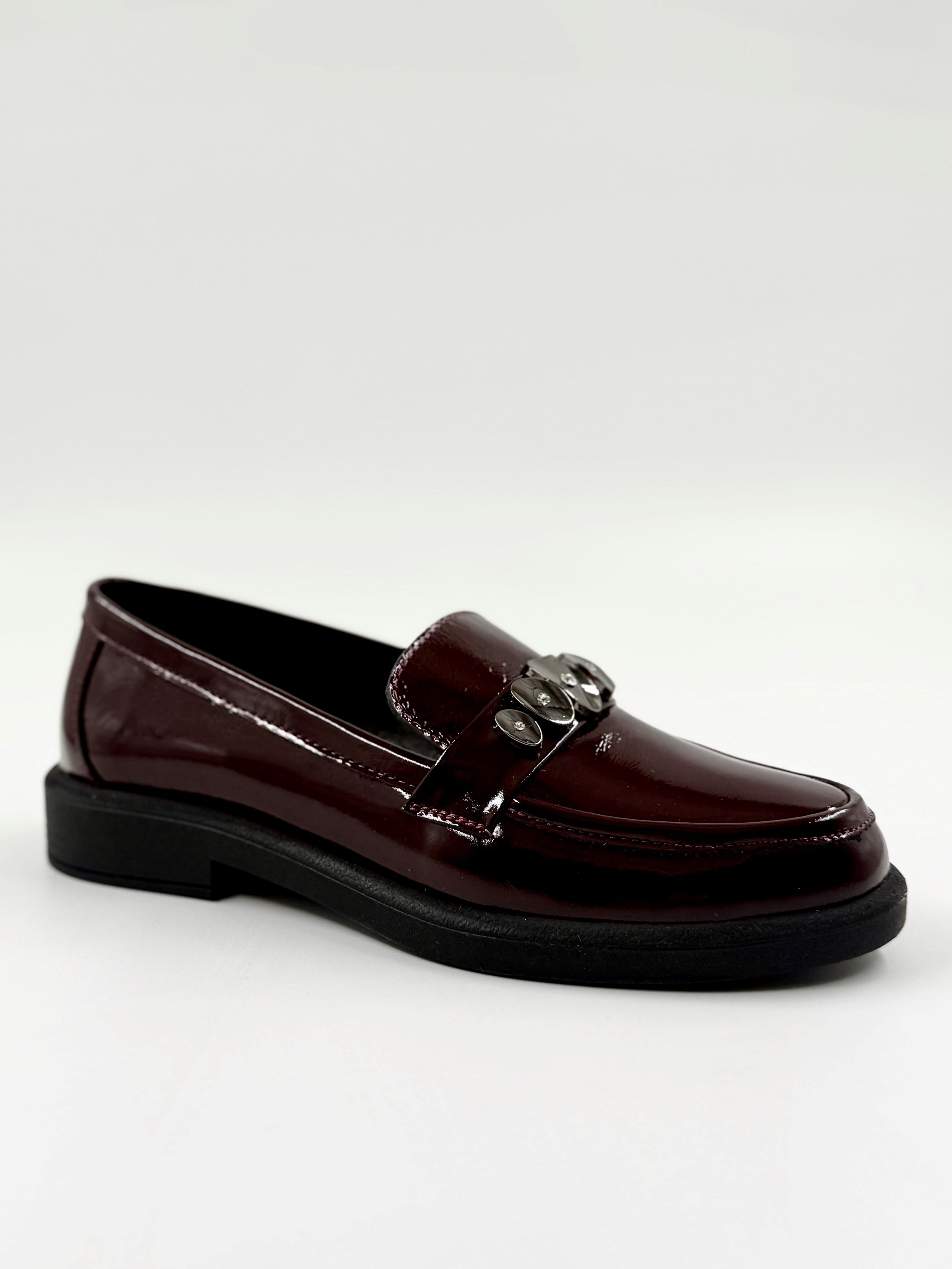 Bordo Hakiki Rugan Deri Taşlı Loafer Ayakkabı