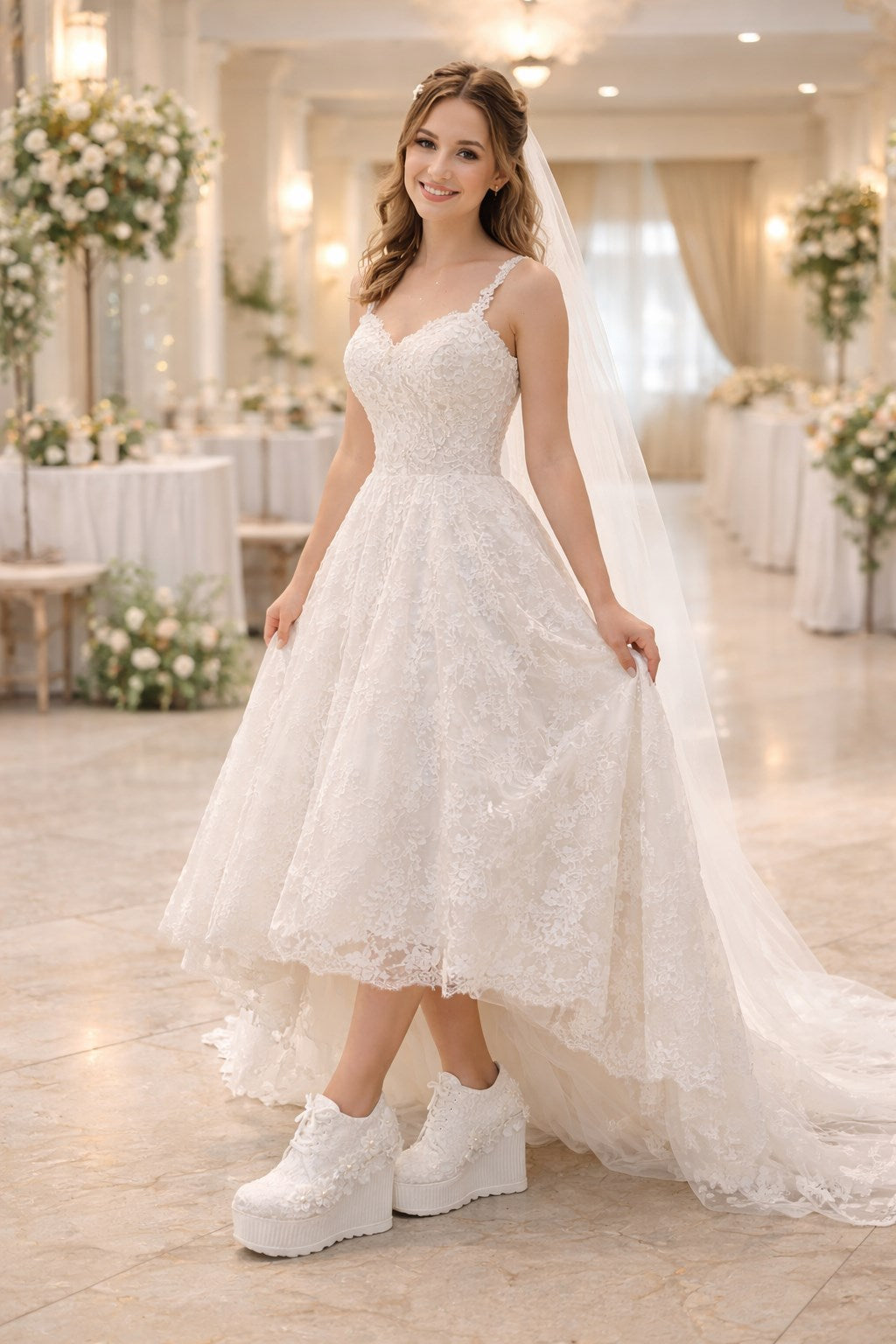 Sedef Dolgu Topuk Platformlu Dantelli Gelin Ayakkabısı