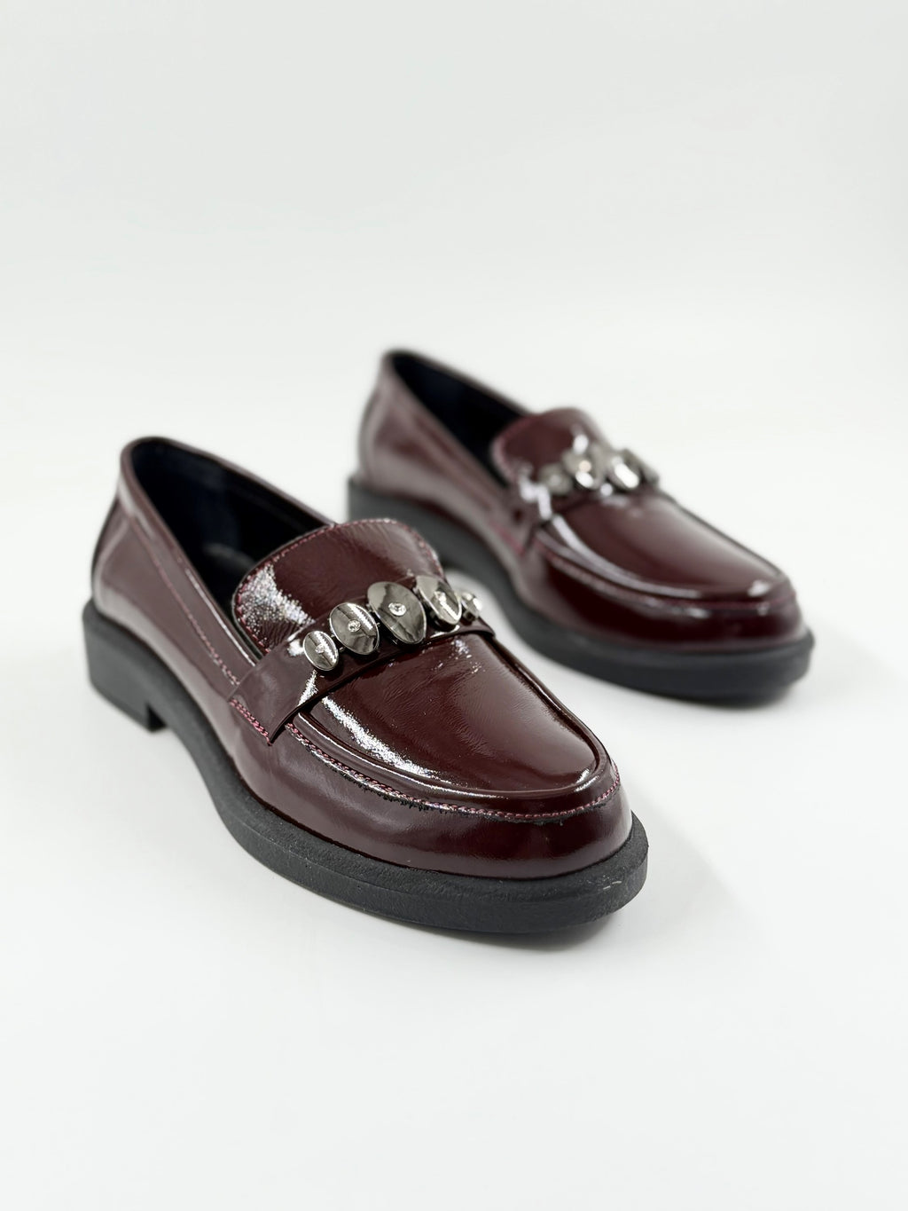 Bordo Hakiki Rugan Deri Taşlı Loafer Ayakkabı