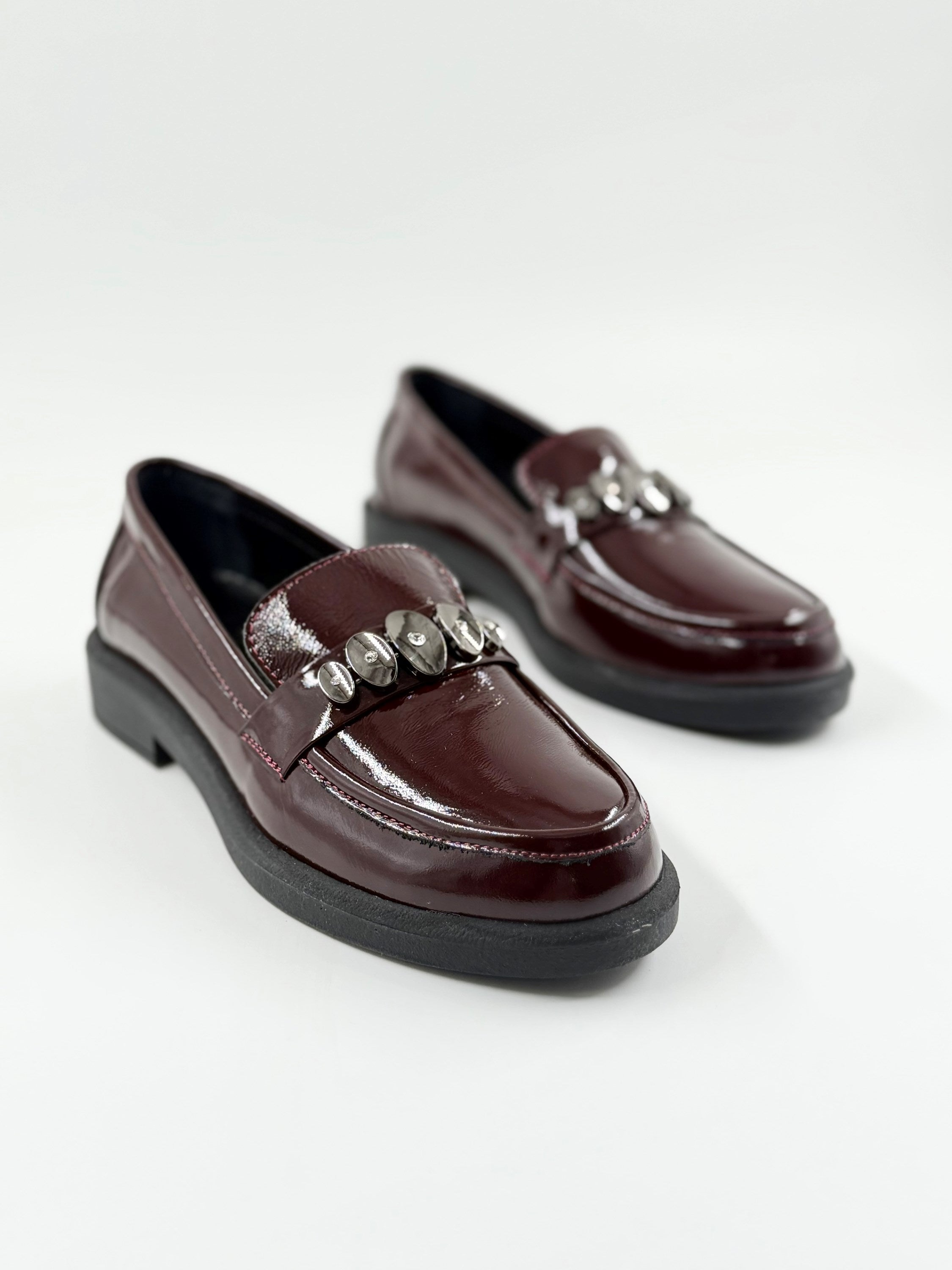 Bordo Hakiki Rugan Deri Taşlı Loafer Ayakkabı