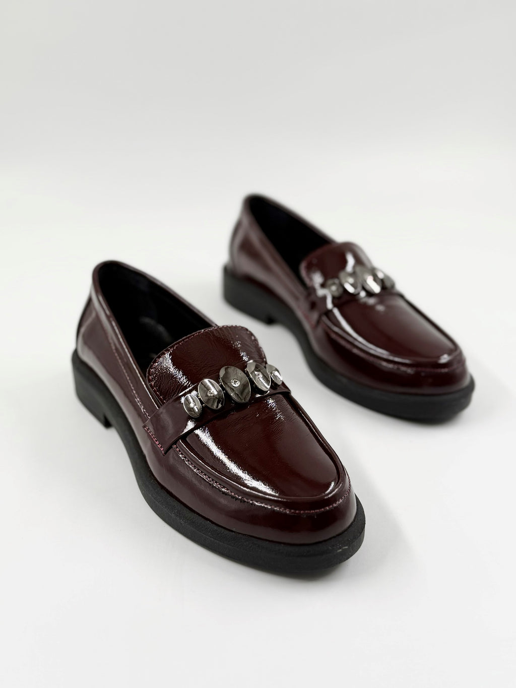 Bordo Hakiki Rugan Deri Taşlı Loafer Ayakkabı