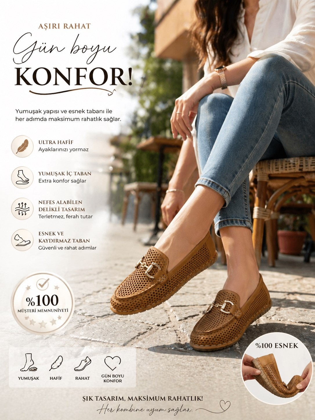 Hakiki Deri Lazer Kesim Kadın Taba Loafer
