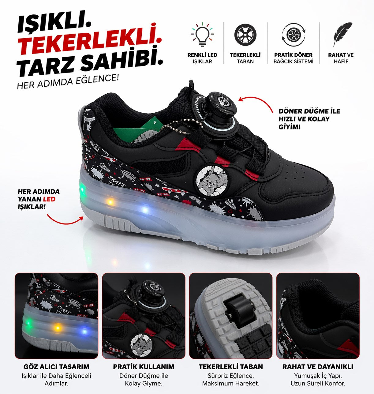 Mnc Patenli Işıklı Siyah Çocuk Ayakkabı