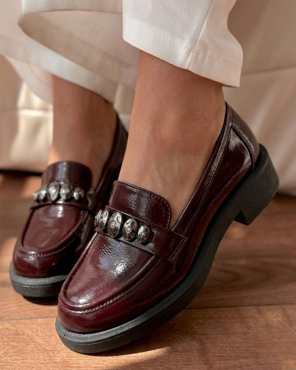 Bordo Hakiki Rugan Deri Taşlı Loafer Ayakkabı