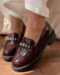 Bordo Hakiki Rugan Deri Taşlı Loafer Ayakkabı