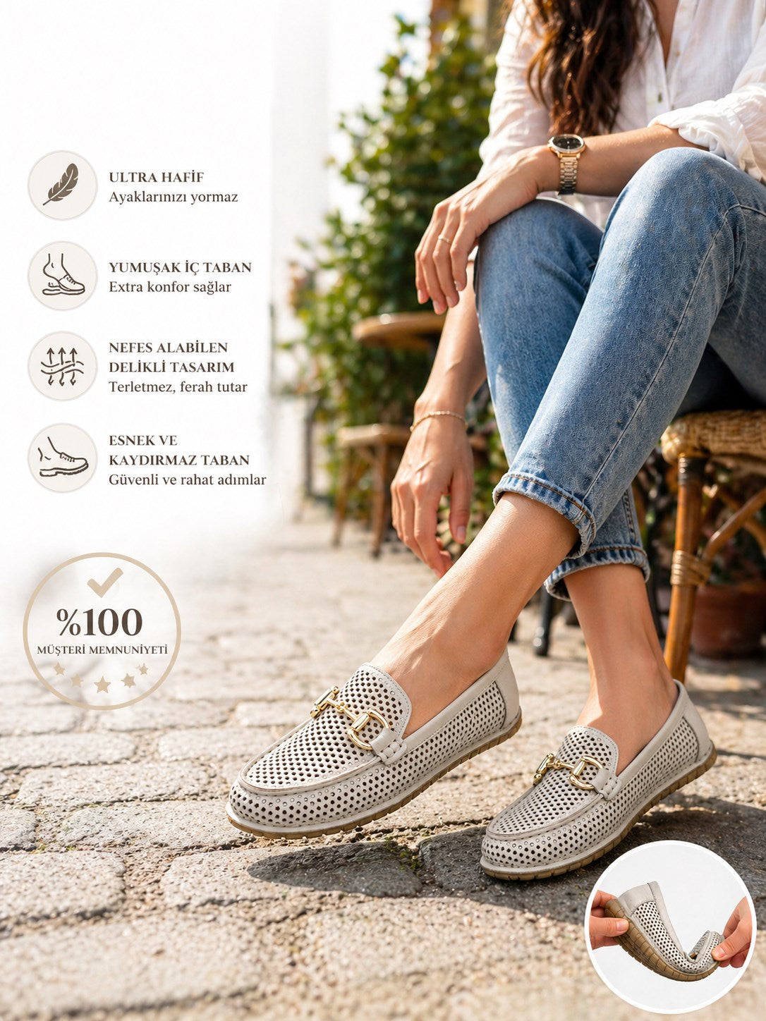 Hakiki Deri Lazer Kesim Kadın Gümüş Loafer