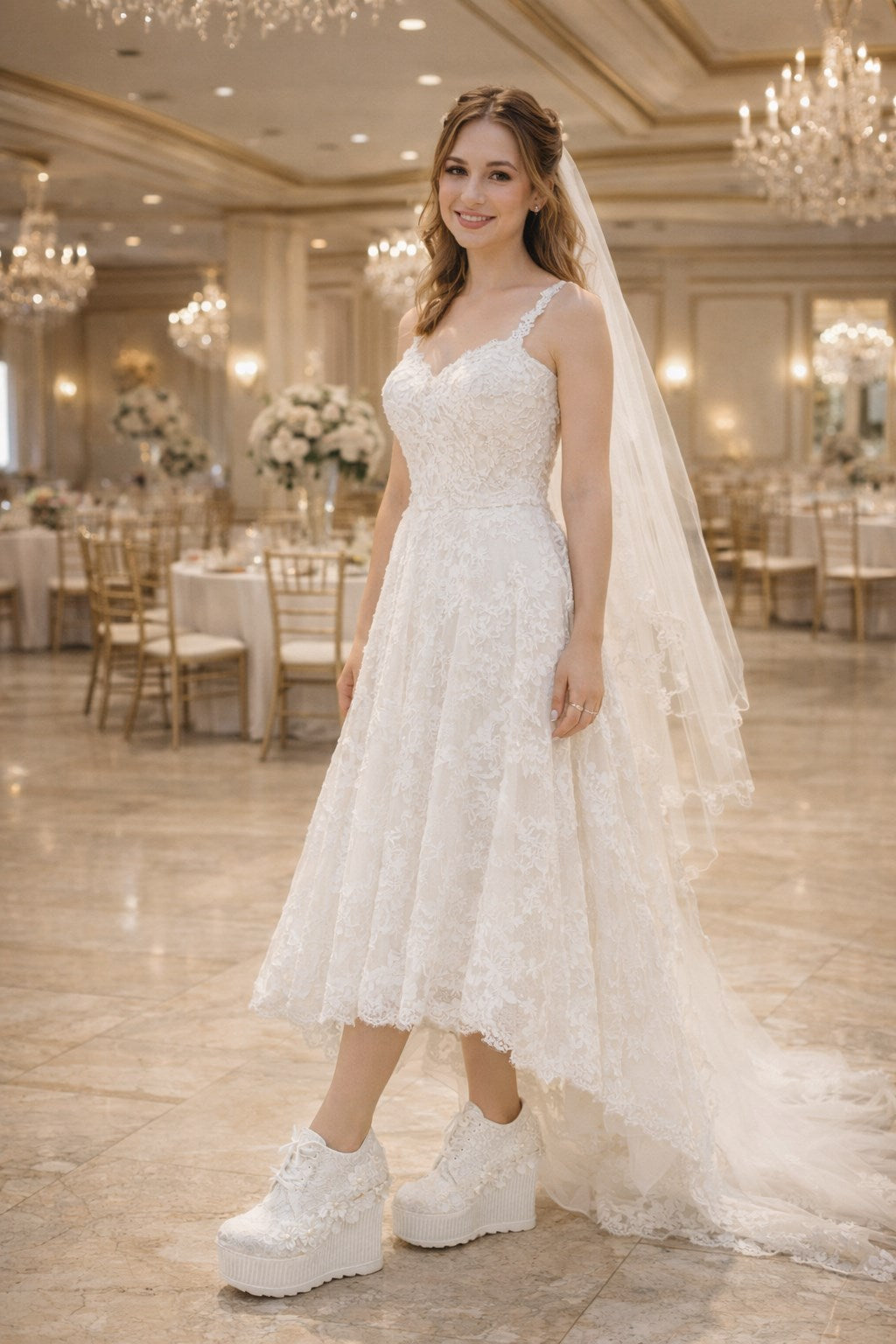 Sedef Dolgu Topuk Platformlu Dantelli Gelin Ayakkabısı