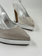 İnci Topuk Taş İşlemeli Ucu Kapalı Platform Topuk Kadın Gümüş Abiye Ayakkabı
