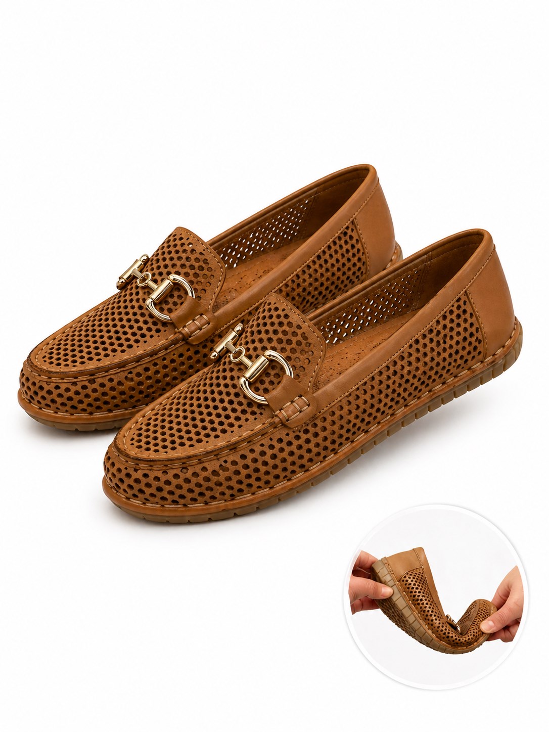 Hakiki Deri Lazer Kesim Kadın Taba Loafer