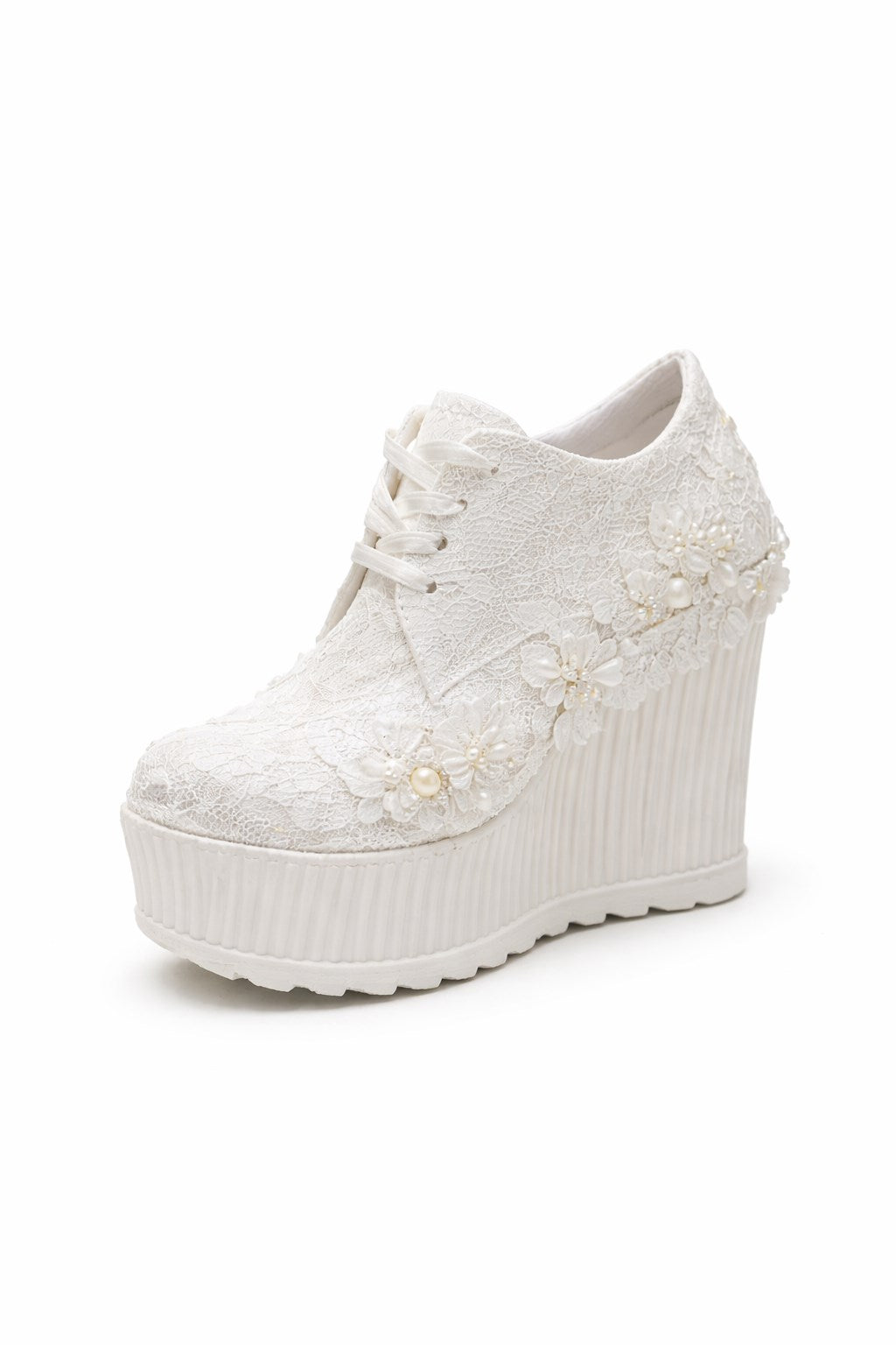 Sedef Dolgu Topuk Platformlu Dantelli Gelin Ayakkabısı