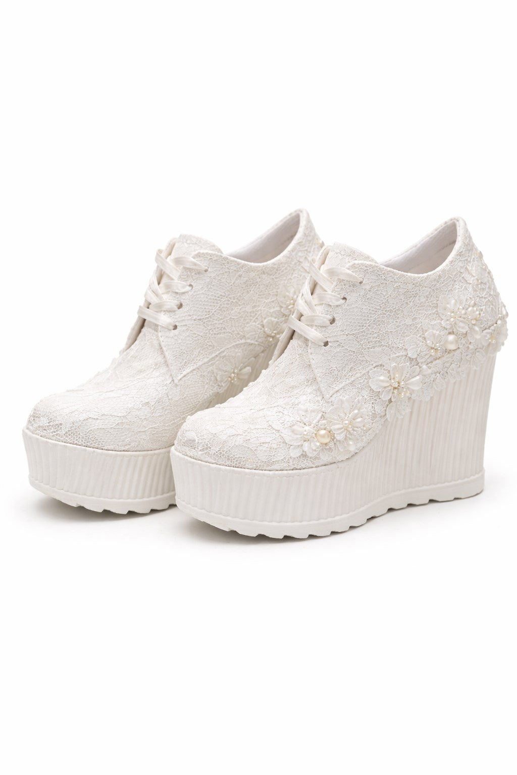 Sedef Dolgu Topuk Platformlu Dantelli Gelin Ayakkabısı